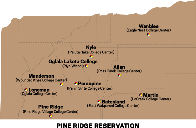 Map of colleg centers across Pine Ridge Reservation