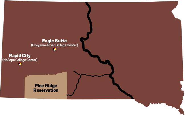 Map of colleg centers across South Dakota