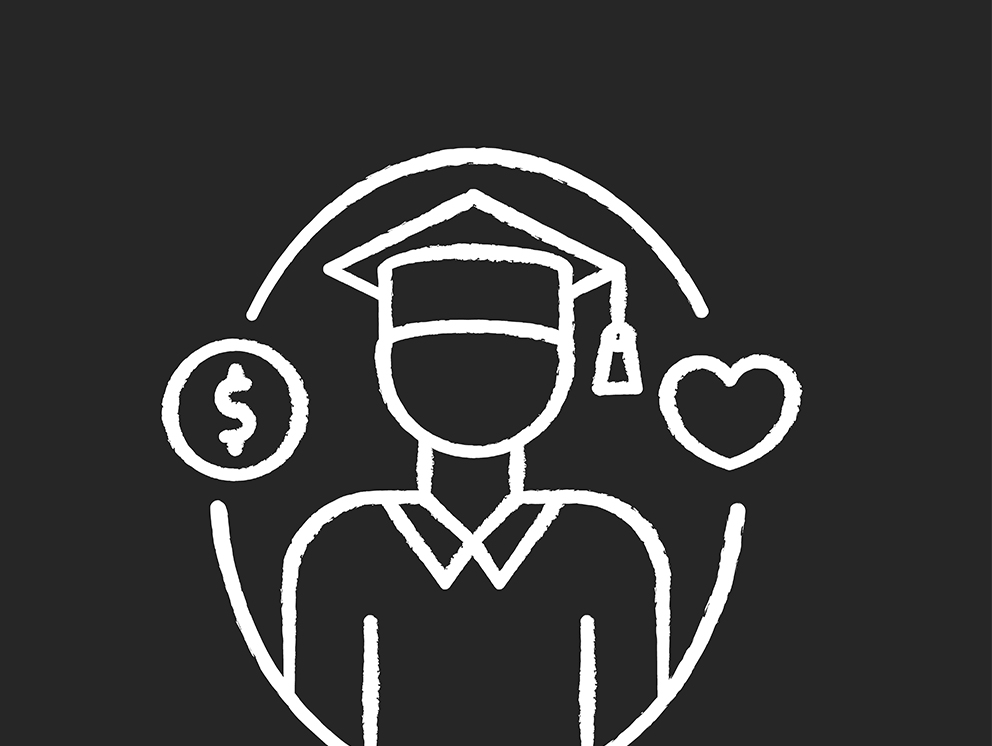 icon of a person wearing a graduation cap with a heart ad a money sign